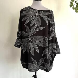 Alembika Designer Leaf Print Boxy Top Small Lagenlook Drapey Leaf Nylon Black